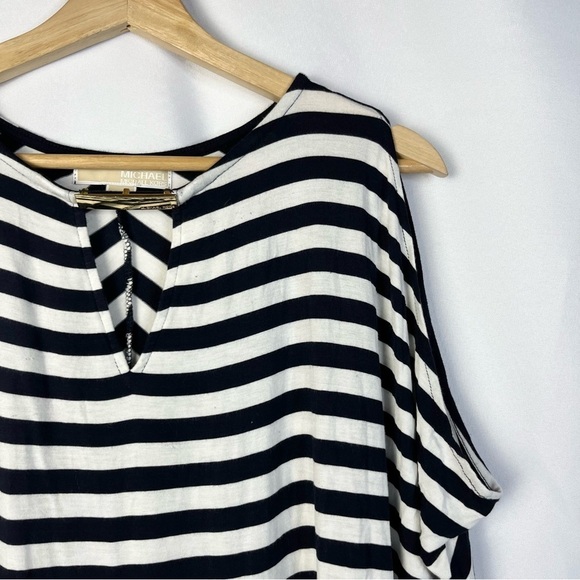 Michael Kors Black & White Stripe Keyhole Neck Short Sleeve Top S - Picture 3 of 5